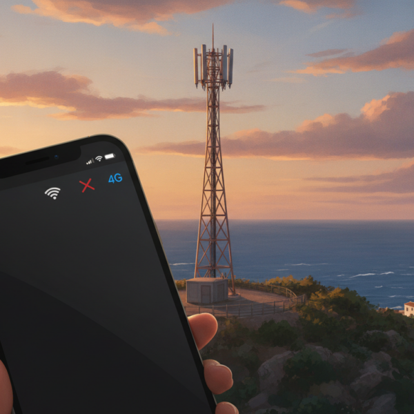 Antena de telefonía móvil en un municipio costero y un móvil con cobertura 4G