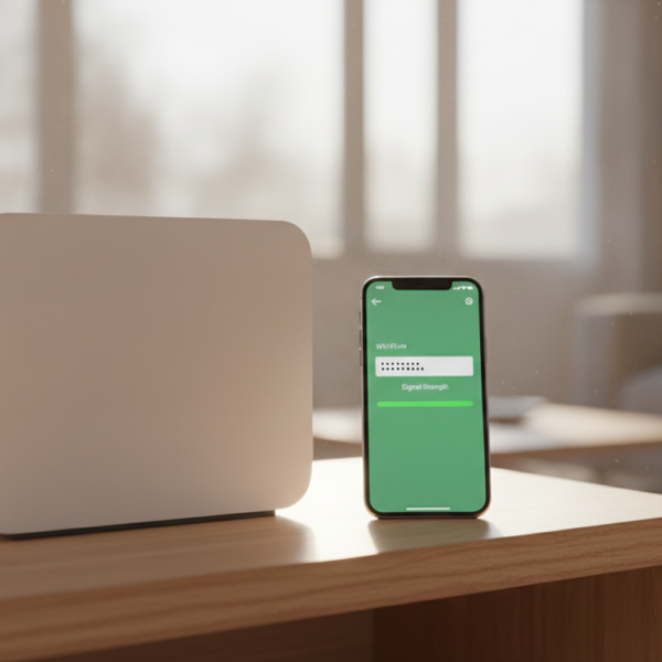 Router wifi doméstico junto a un móvil que muestra una contraseña robusta