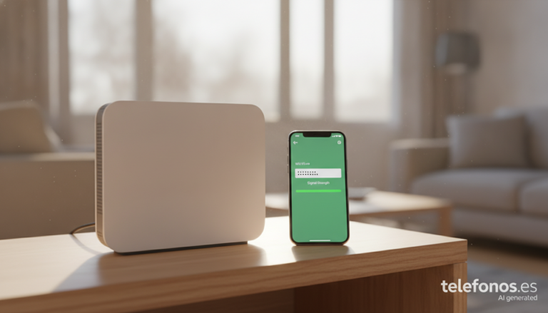 Nueva portada 1 Router wifi doméstico junto a un móvil que muestra una contraseña robusta